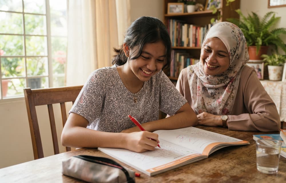 Anak perempuan tersenyum menanda latihan Matematik bersama ibunya